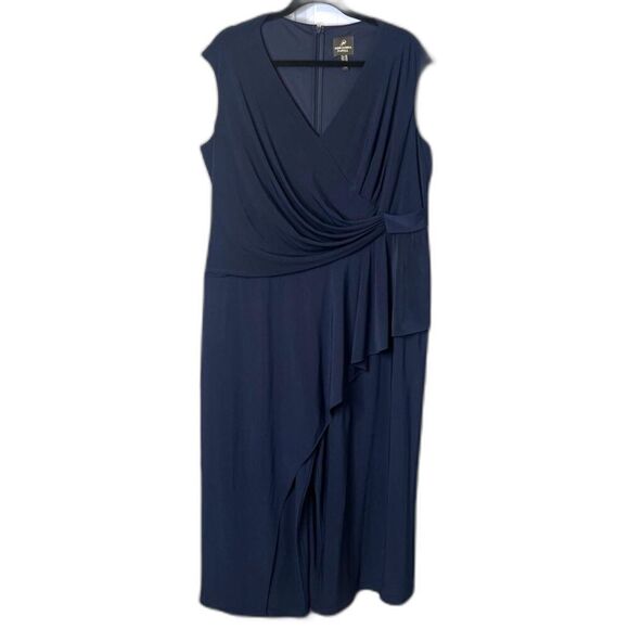 Adrianna Papell Navy Blue Sleeveless Formal Pantsuit Cascade Draped Plus SZ 20W - Picture 2 of 13